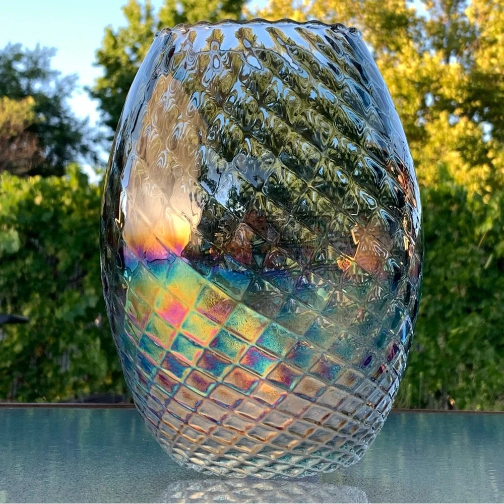 Spanish Iridescent Embossed Diamond Pattern Recycled Glass Large Table Vase